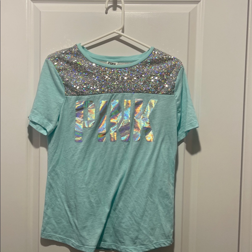 Victoria's Secret PINK Aqua and Silver Glitter Tee